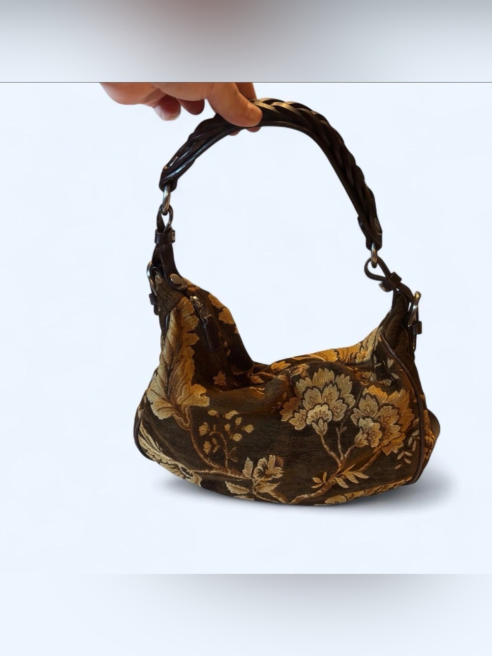 VTG Talbots Floral Tapestry Hobo Bag Jacquard Brown Gold Braided Leather Strap